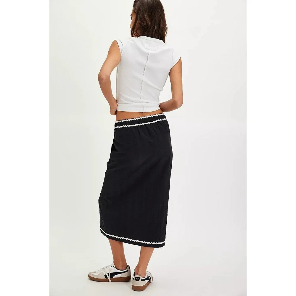 Free‎ People Penelope Midi Skirt Lg Black Contrasting Trim Pull On Travel Cotton